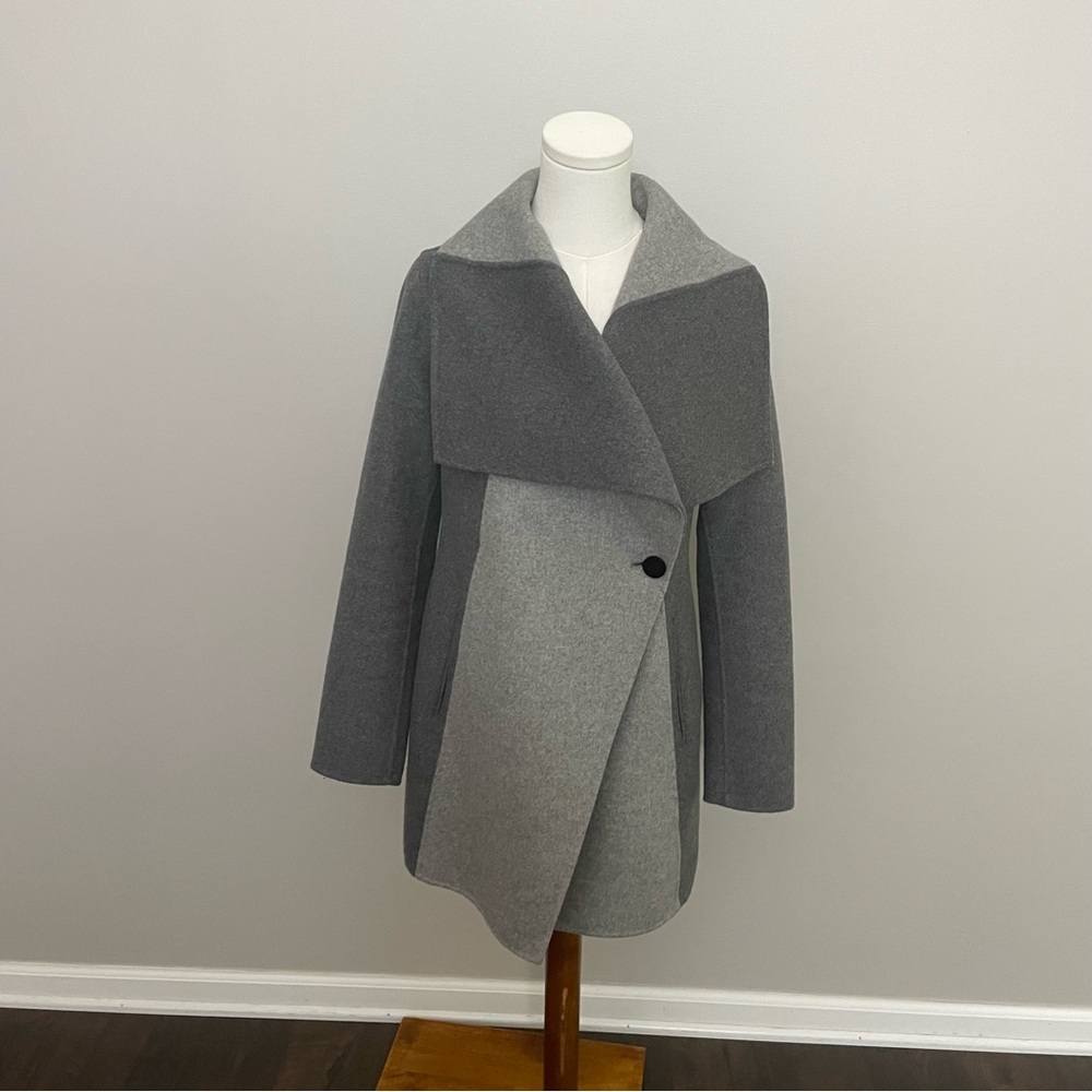 Diane Von Furstenberg Coat Shannon Wool Blend Mid Weight Pocket Color Block Grey